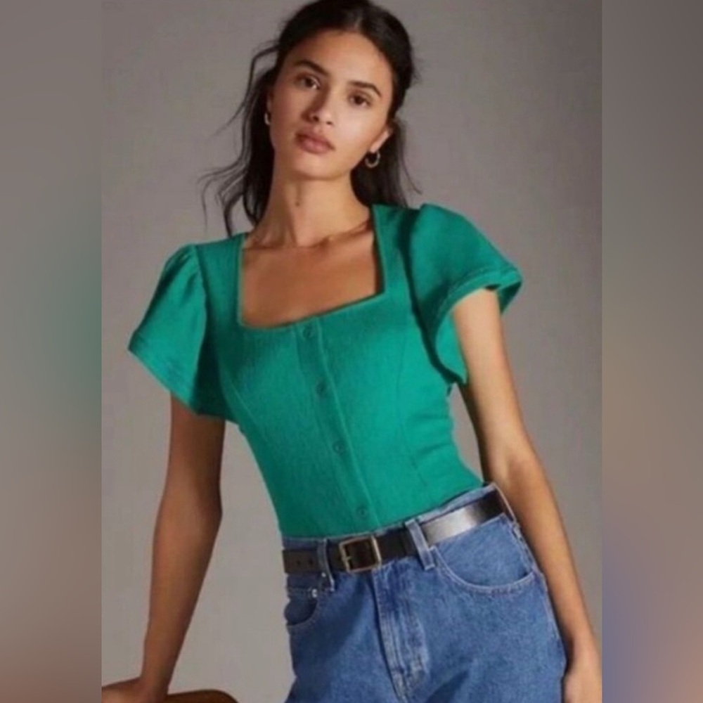 Dolan Kelly Green Anthropologie Square Neck Flutter Sleeve Top,Size-large